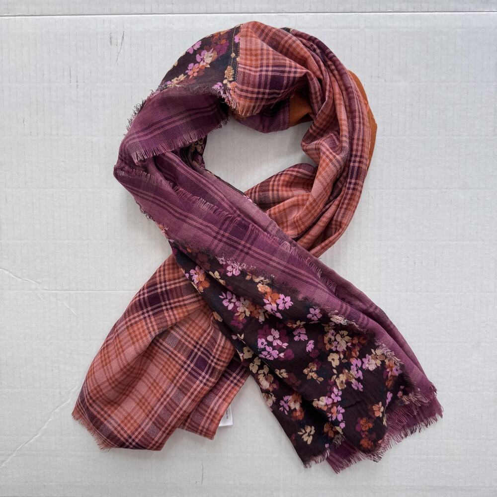 J Jill Scarf Spring Floral Plaid Patchwork Square Cotton Lightweight Boho